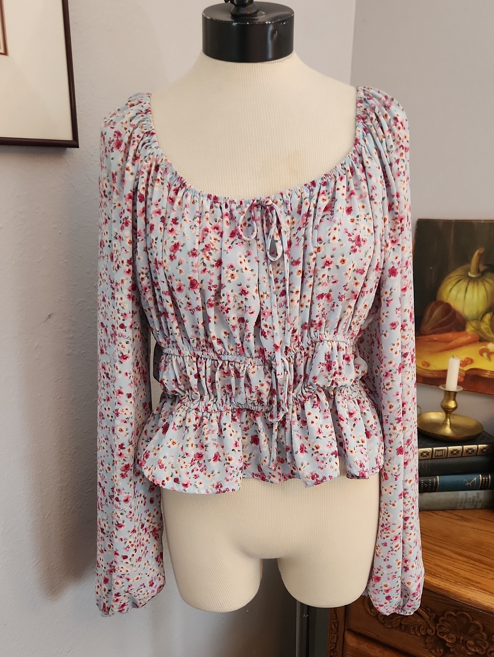 ARULA Light Blue Pink Floral Peplum Crop Top Blouse Feminine Romantic Peasant